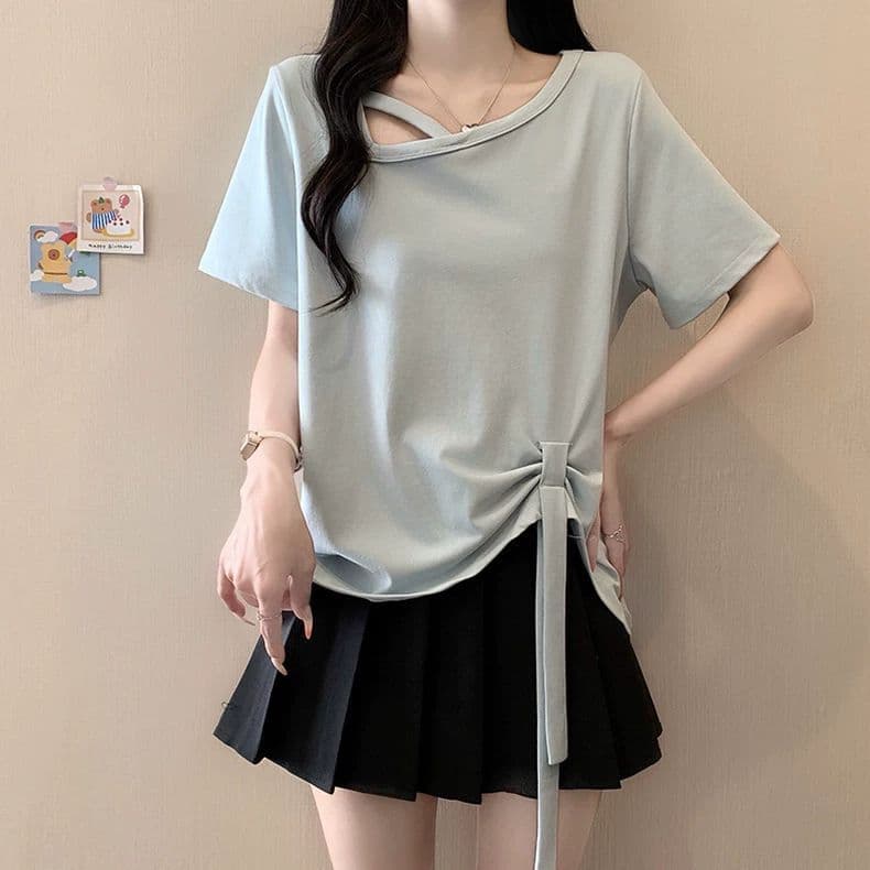원본 품질 사람들 면 260 그램 빅 사이즈 비스듬한 칼라 비틀림 반팔 티셔츠 여름 불규칙 리본 여성 셔츠 상세 이미지 4