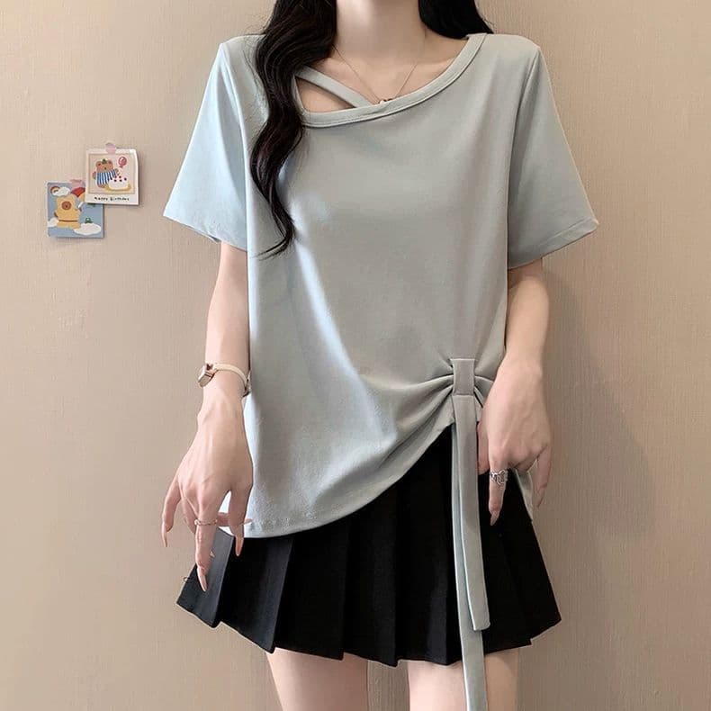 원본 품질 사람들 면 260 그램 빅 사이즈 비스듬한 칼라 비틀림 반팔 티셔츠 여름 불규칙 리본 여성 셔츠 상세 이미지 5