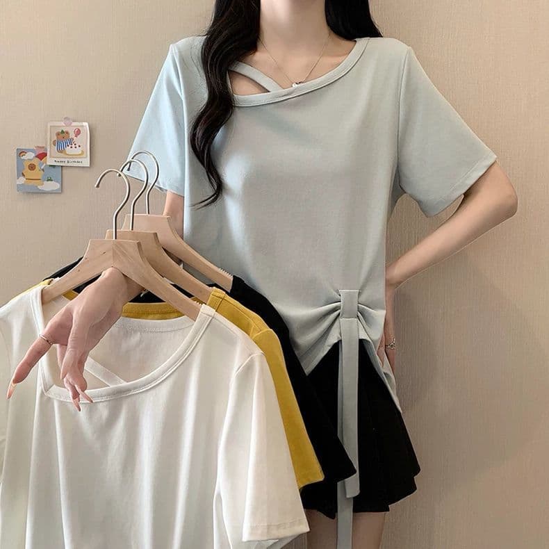 원본 품질 사람들 면 260 그램 빅 사이즈 비스듬한 칼라 비틀림 반팔 티셔츠 여름 불규칙 리본 여성 셔츠 상세 이미지 7