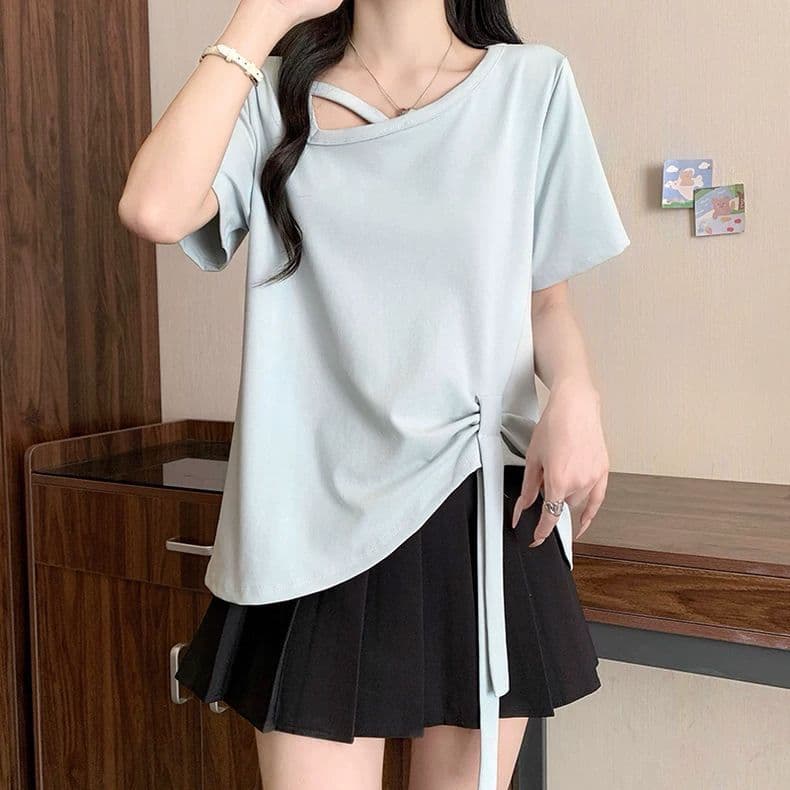 원본 품질 사람들 면 260 그램 빅 사이즈 비스듬한 칼라 비틀림 반팔 티셔츠 여름 불규칙 리본 여성 셔츠 상세 이미지 8