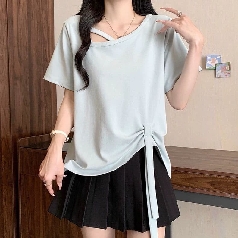원본 품질 사람들 면 260 그램 빅 사이즈 비스듬한 칼라 비틀림 반팔 티셔츠 여름 불규칙 리본 여성 셔츠 상세 이미지 10