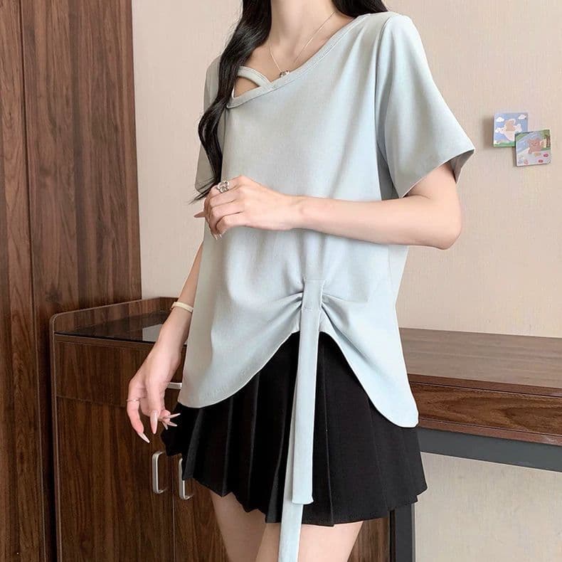 원본 품질 사람들 면 260 그램 빅 사이즈 비스듬한 칼라 비틀림 반팔 티셔츠 여름 불규칙 리본 여성 셔츠 상세 이미지 11