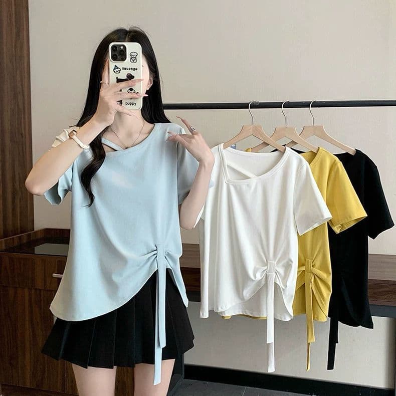 원본 품질 사람들 면 260 그램 빅 사이즈 비스듬한 칼라 비틀림 반팔 티셔츠 여름 불규칙 리본 여성 셔츠 상세 이미지 12