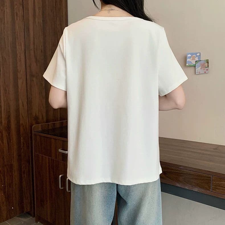 원본 품질 사람들 면 260 그램 빅 사이즈 비스듬한 칼라 비틀림 반팔 티셔츠 여름 불규칙 리본 여성 셔츠 상세 이미지 13