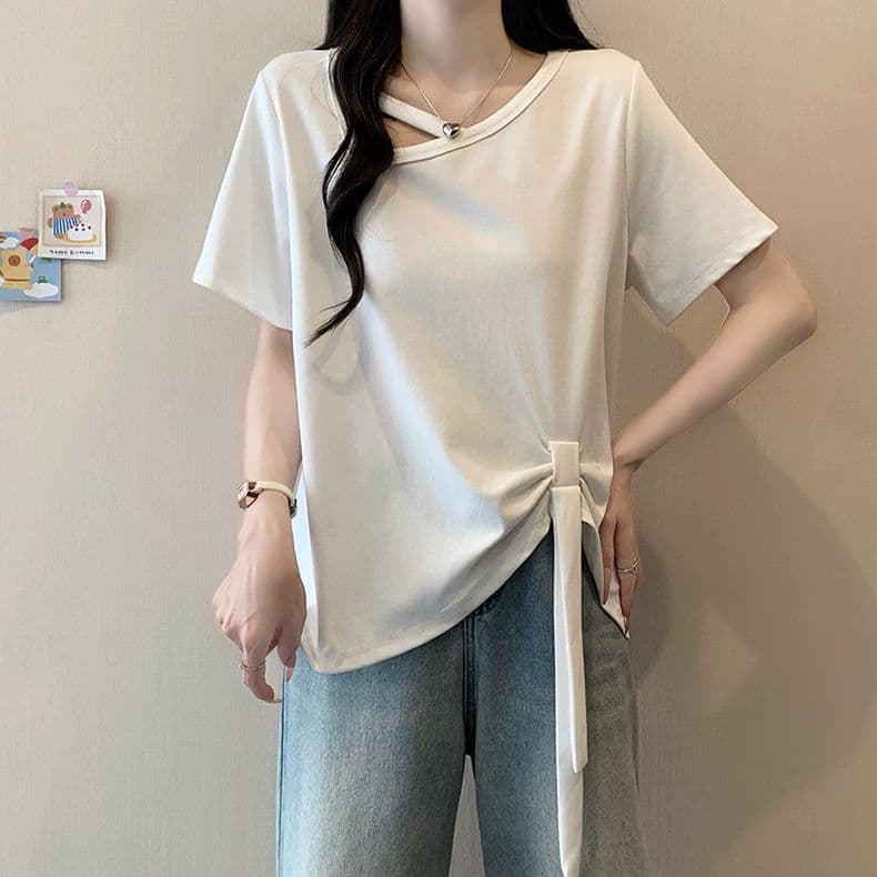 원본 품질 사람들 면 260 그램 빅 사이즈 비스듬한 칼라 비틀림 반팔 티셔츠 여름 불규칙 리본 여성 셔츠 상세 이미지 14
