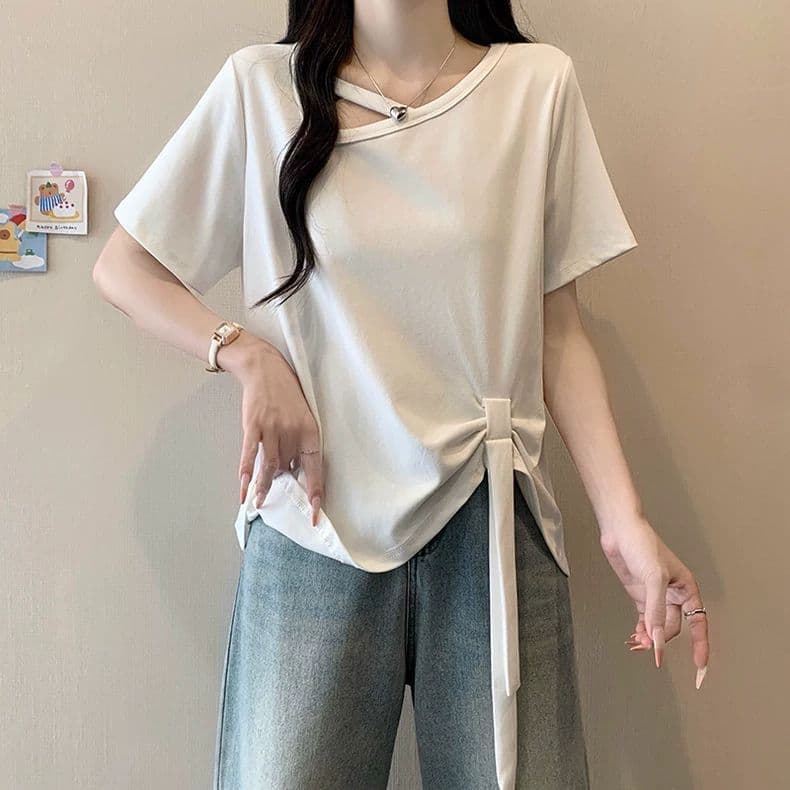 원본 품질 사람들 면 260 그램 빅 사이즈 비스듬한 칼라 비틀림 반팔 티셔츠 여름 불규칙 리본 여성 셔츠 상세 이미지 15