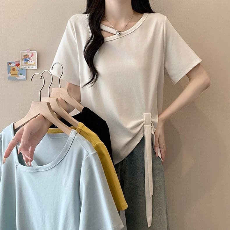 원본 품질 사람들 면 260 그램 빅 사이즈 비스듬한 칼라 비틀림 반팔 티셔츠 여름 불규칙 리본 여성 셔츠 상세 이미지 17