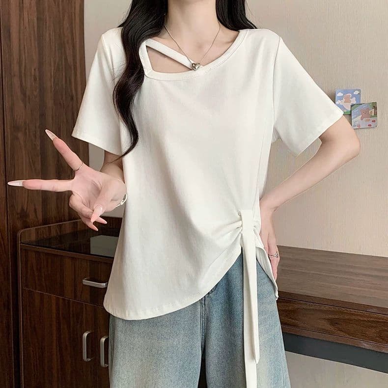 원본 품질 사람들 면 260 그램 빅 사이즈 비스듬한 칼라 비틀림 반팔 티셔츠 여름 불규칙 리본 여성 셔츠 상세 이미지 19