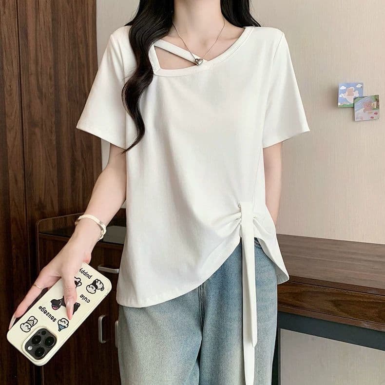 원본 품질 사람들 면 260 그램 빅 사이즈 비스듬한 칼라 비틀림 반팔 티셔츠 여름 불규칙 리본 여성 셔츠 상세 이미지 21