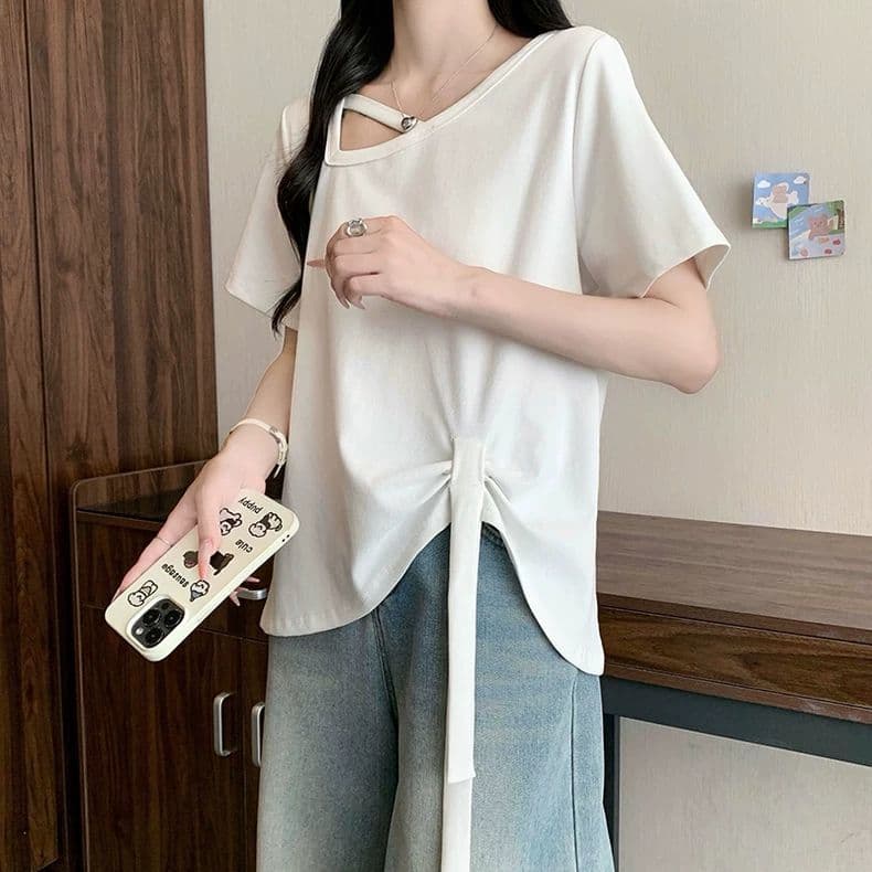 원본 품질 사람들 면 260 그램 빅 사이즈 비스듬한 칼라 비틀림 반팔 티셔츠 여름 불규칙 리본 여성 셔츠 상세 이미지 22