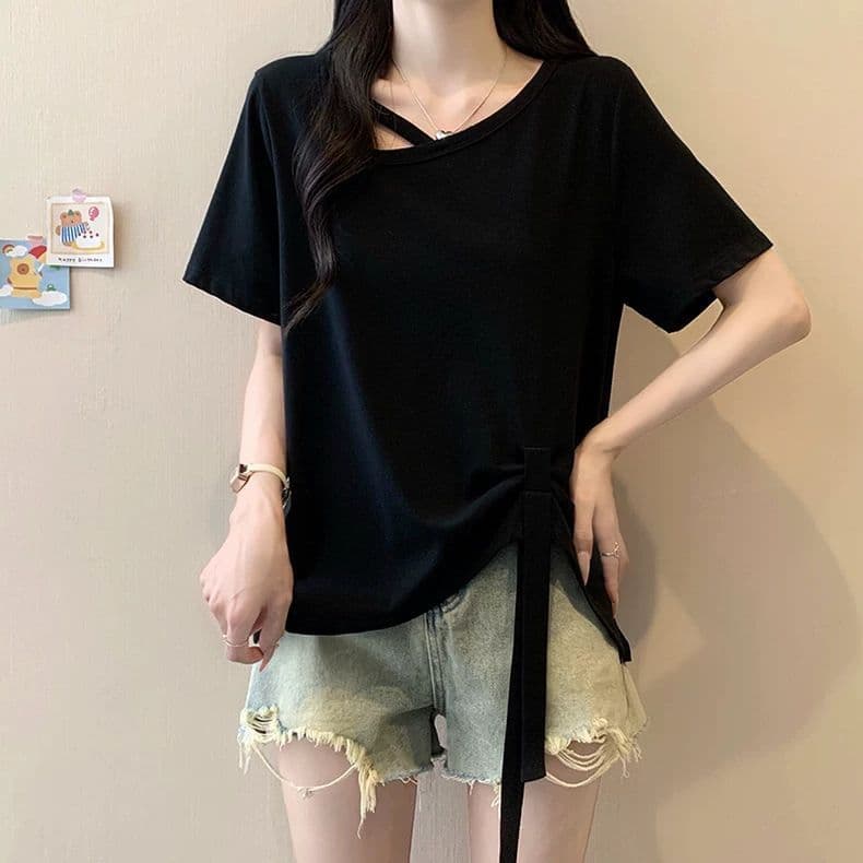 원본 품질 사람들 면 260 그램 빅 사이즈 비스듬한 칼라 비틀림 반팔 티셔츠 여름 불규칙 리본 여성 셔츠 상세 이미지 23