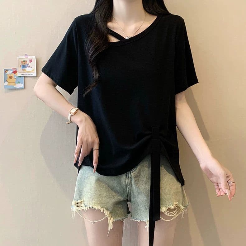 원본 품질 사람들 면 260 그램 빅 사이즈 비스듬한 칼라 비틀림 반팔 티셔츠 여름 불규칙 리본 여성 셔츠 상세 이미지 24