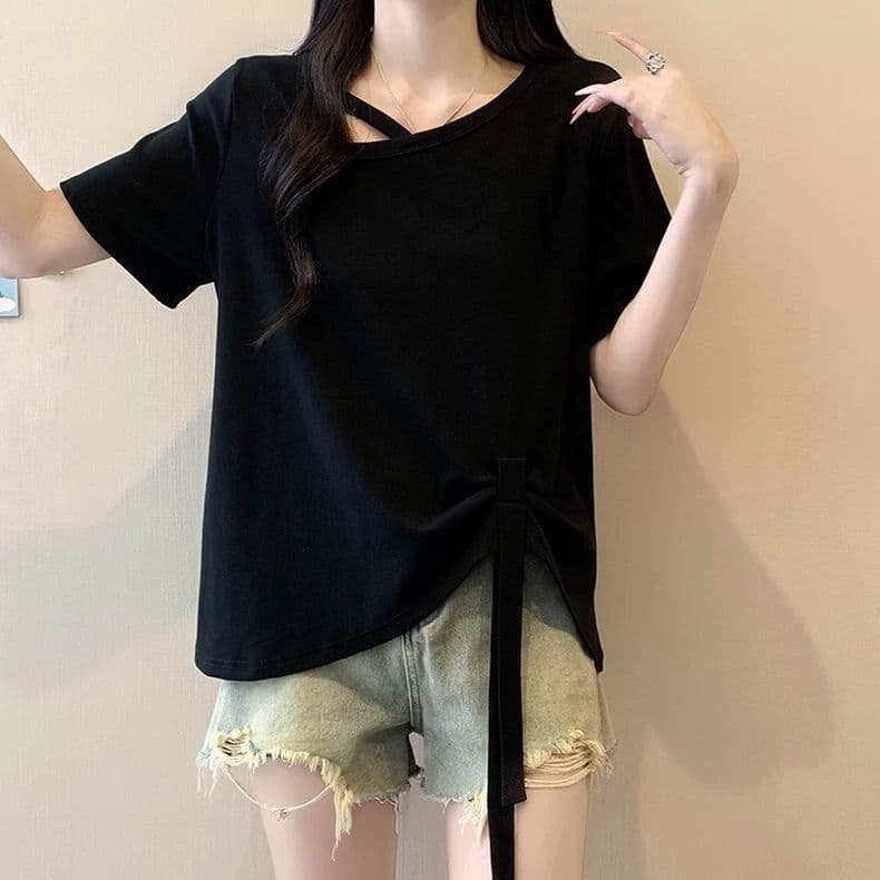 원본 품질 사람들 면 260 그램 빅 사이즈 비스듬한 칼라 비틀림 반팔 티셔츠 여름 불규칙 리본 여성 셔츠 상세 이미지 25