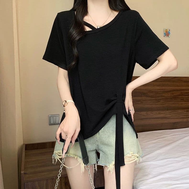 원본 품질 사람들 면 260 그램 빅 사이즈 비스듬한 칼라 비틀림 반팔 티셔츠 여름 불규칙 리본 여성 셔츠 상세 이미지 26