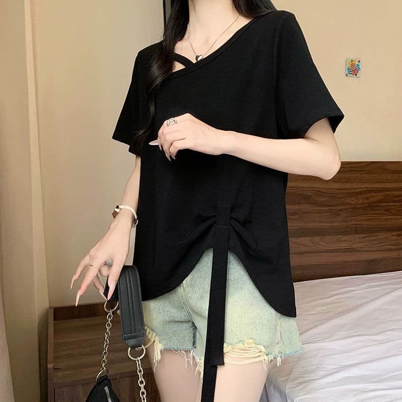원본 품질 사람들 면 260 그램 빅 사이즈 비스듬한 칼라 비틀림 반팔 티셔츠 여름 불규칙 리본 여성 셔츠 상세 이미지 27