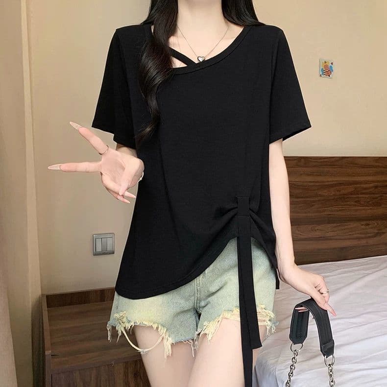 원본 품질 사람들 면 260 그램 빅 사이즈 비스듬한 칼라 비틀림 반팔 티셔츠 여름 불규칙 리본 여성 셔츠 상세 이미지 28