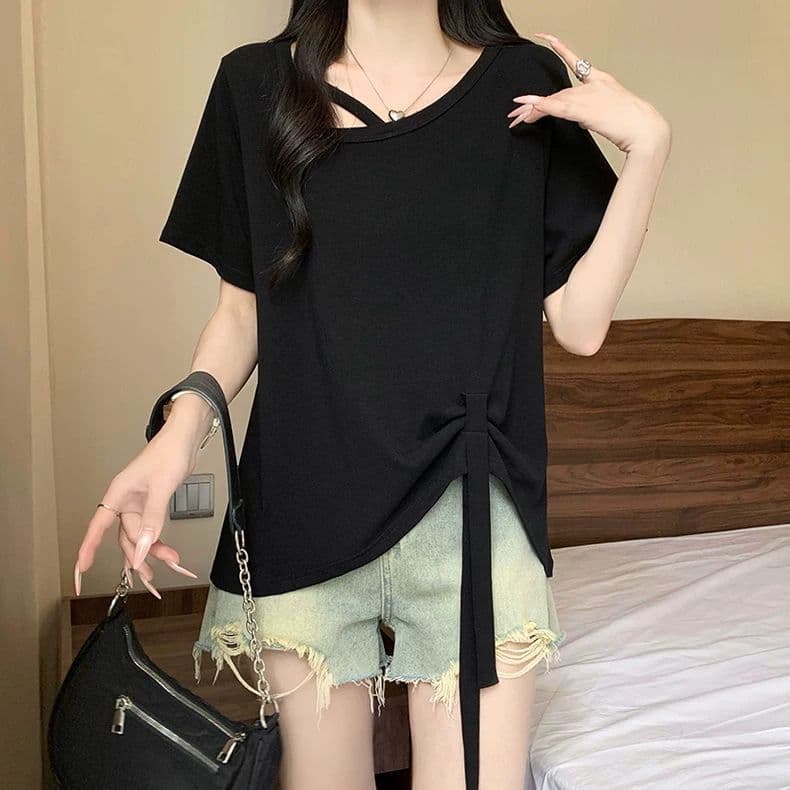 원본 품질 사람들 면 260 그램 빅 사이즈 비스듬한 칼라 비틀림 반팔 티셔츠 여름 불규칙 리본 여성 셔츠 상세 이미지 29