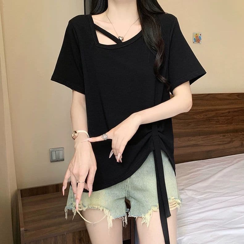 원본 품질 사람들 면 260 그램 빅 사이즈 비스듬한 칼라 비틀림 반팔 티셔츠 여름 불규칙 리본 여성 셔츠 상세 이미지 30