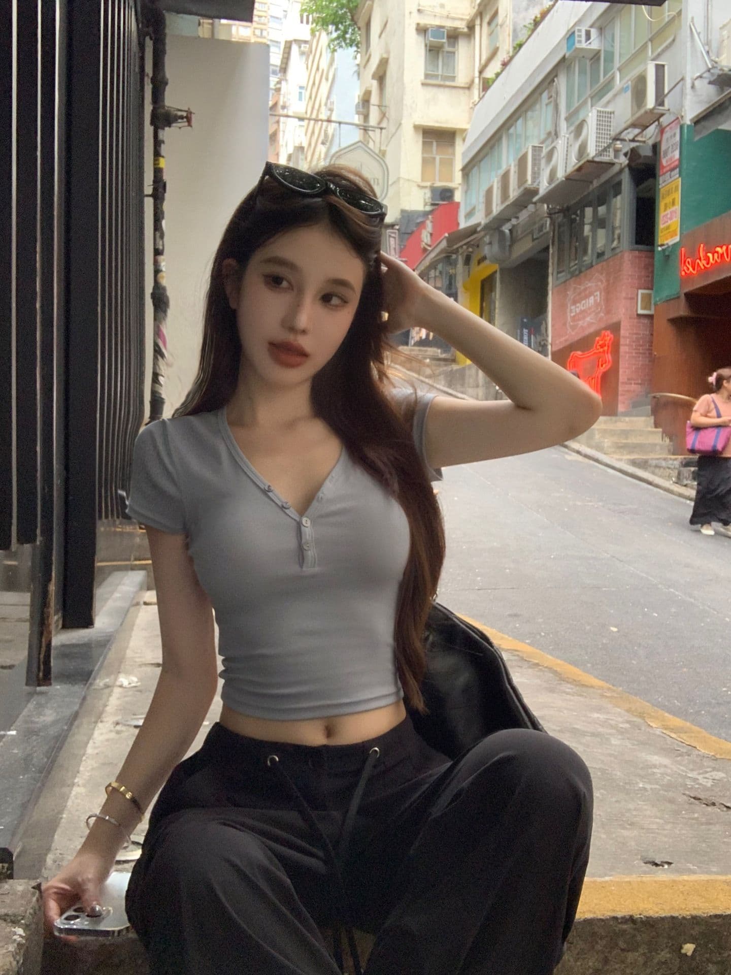 순수한 욕망 바람 반 개방 칼라 반팔 티셔츠 여성 여름 허리 수축 쇼트 스타일 상세 이미지 9