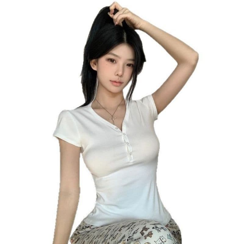 레트로 V넥 단추 반팔 티셔츠 여성 여름 순수한 욕망 몸매 가꾸기 이미지 5