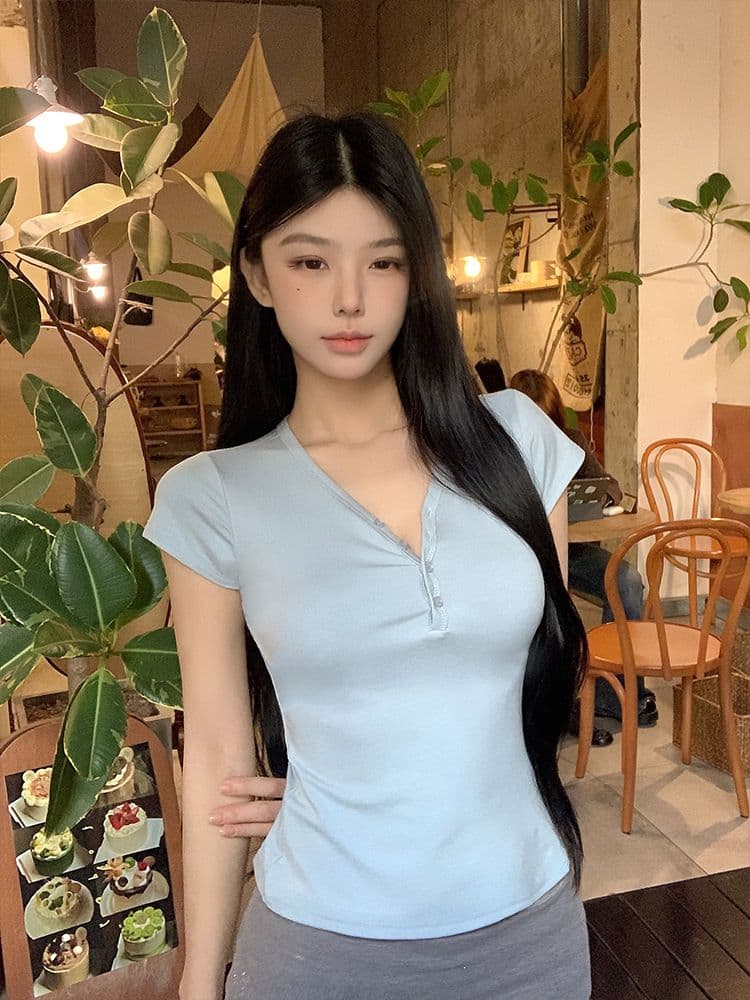레트로 V넥 단추 반팔 티셔츠 여성 여름 순수한 욕망 몸매 가꾸기 상세 이미지 17