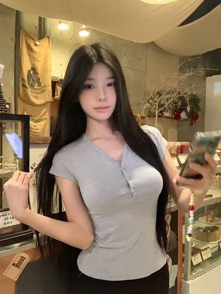 레트로 V넥 단추 반팔 티셔츠 여성 여름 순수한 욕망 몸매 가꾸기 상세 이미지 20