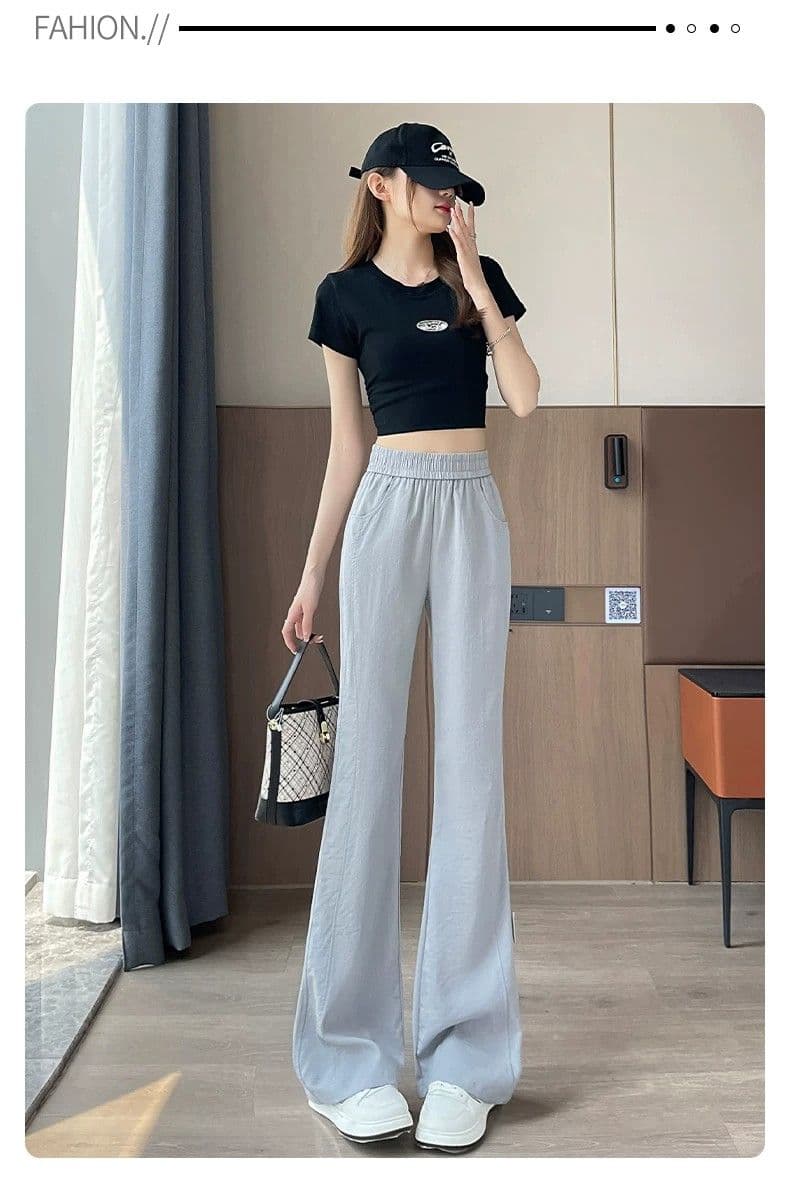 3 차원 허리 여름 면 린넨 플레어 바지 얇은 스타일 새로운 하이웨이스트 슬림해 보이는 캐주얼 여성 부츠컷 얼음 실크 바지 상세 이미지 15