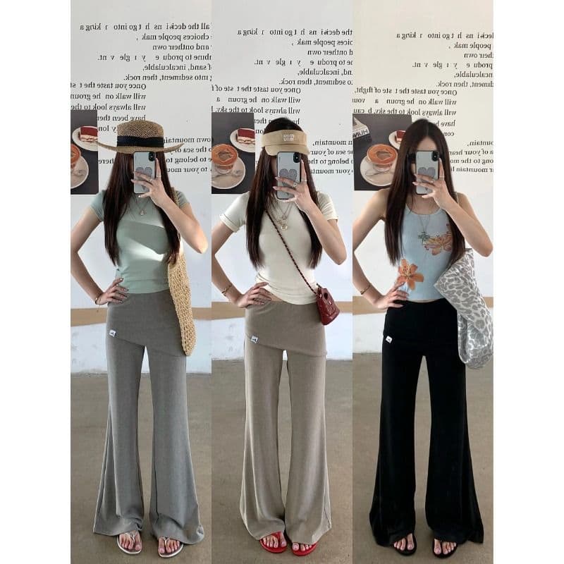 핫걸 디자인 센스 페이크 레이어드 랩스커트팬츠 캐주얼 바지 여성 의류 여름 다용도 도루 센스 신축성 부츠컷 바지 바닥 청소 긴 바지 이미지 4