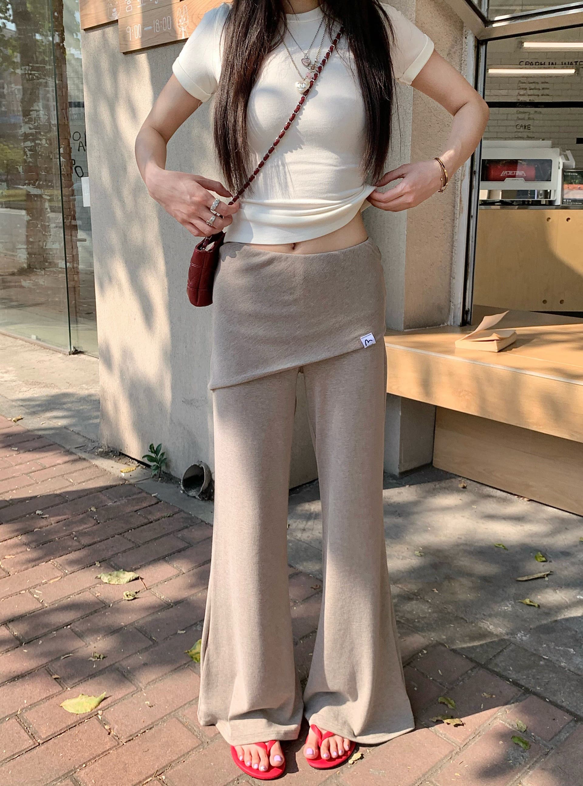 핫걸 디자인 센스 페이크 레이어드 랩스커트팬츠 캐주얼 바지 여성 의류 여름 다용도 도루 센스 신축성 부츠컷 바지 바닥 청소 긴 바지 상세 이미지 7
