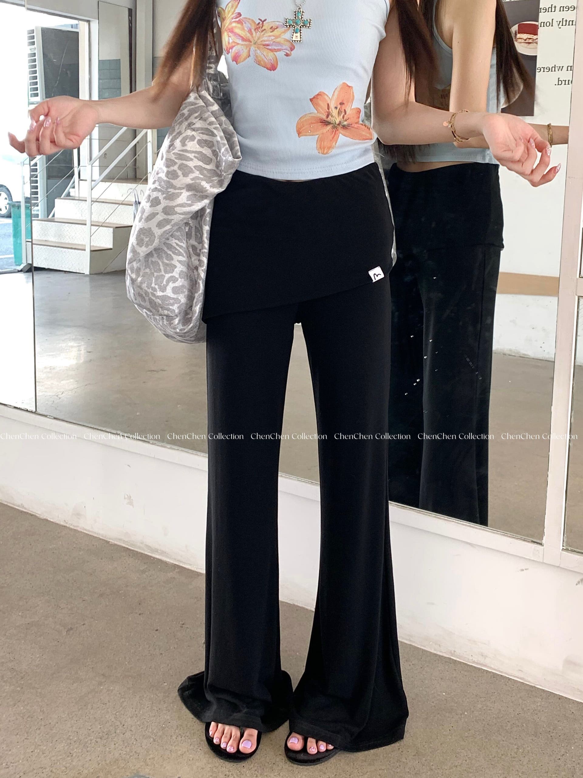 핫걸 디자인 센스 페이크 레이어드 랩스커트팬츠 캐주얼 바지 여성 의류 여름 다용도 도루 센스 신축성 부츠컷 바지 바닥 청소 긴 바지 상세 이미지 12