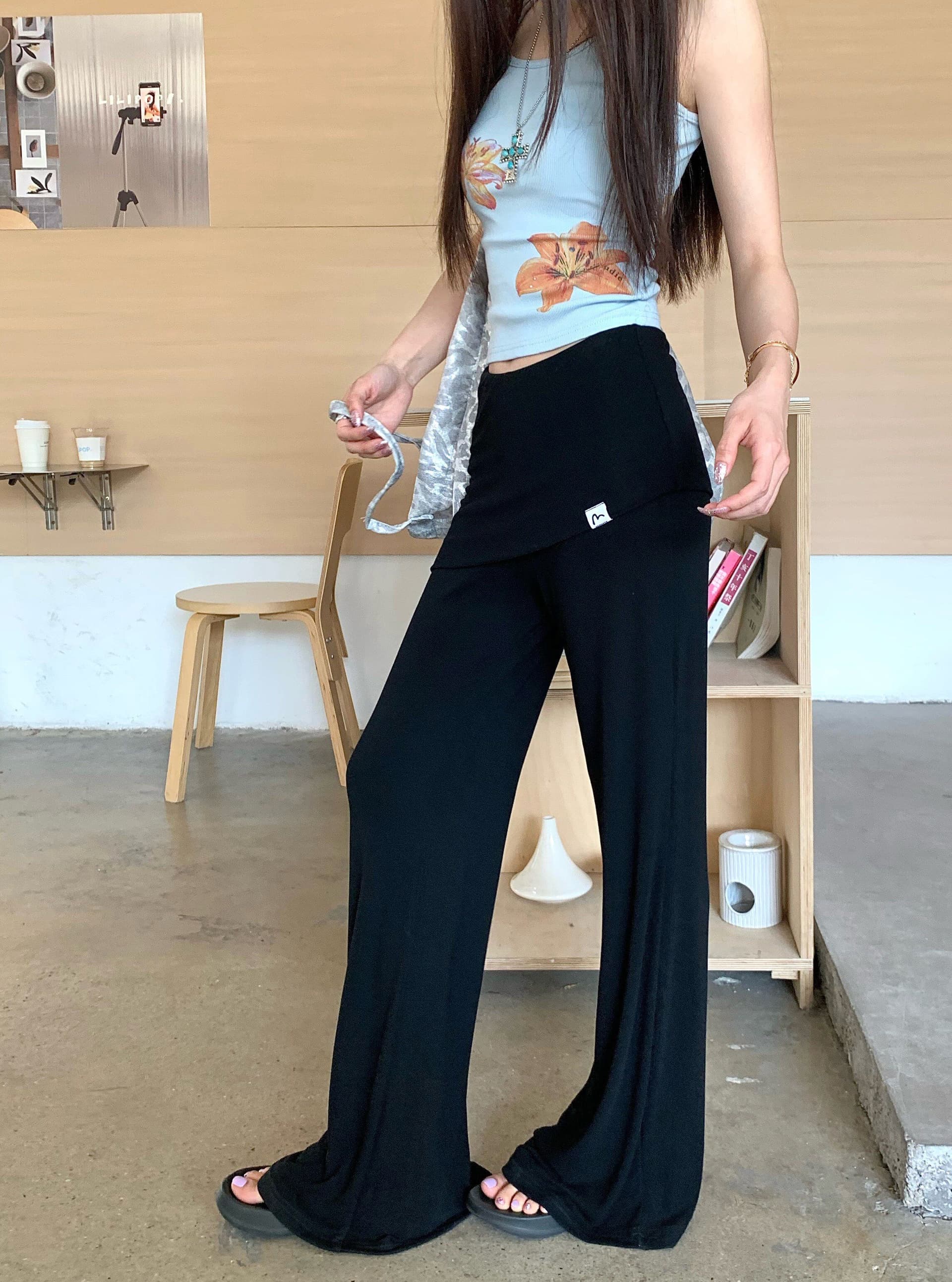 핫걸 디자인 센스 페이크 레이어드 랩스커트팬츠 캐주얼 바지 여성 의류 여름 다용도 도루 센스 신축성 부츠컷 바지 바닥 청소 긴 바지 상세 이미지 15