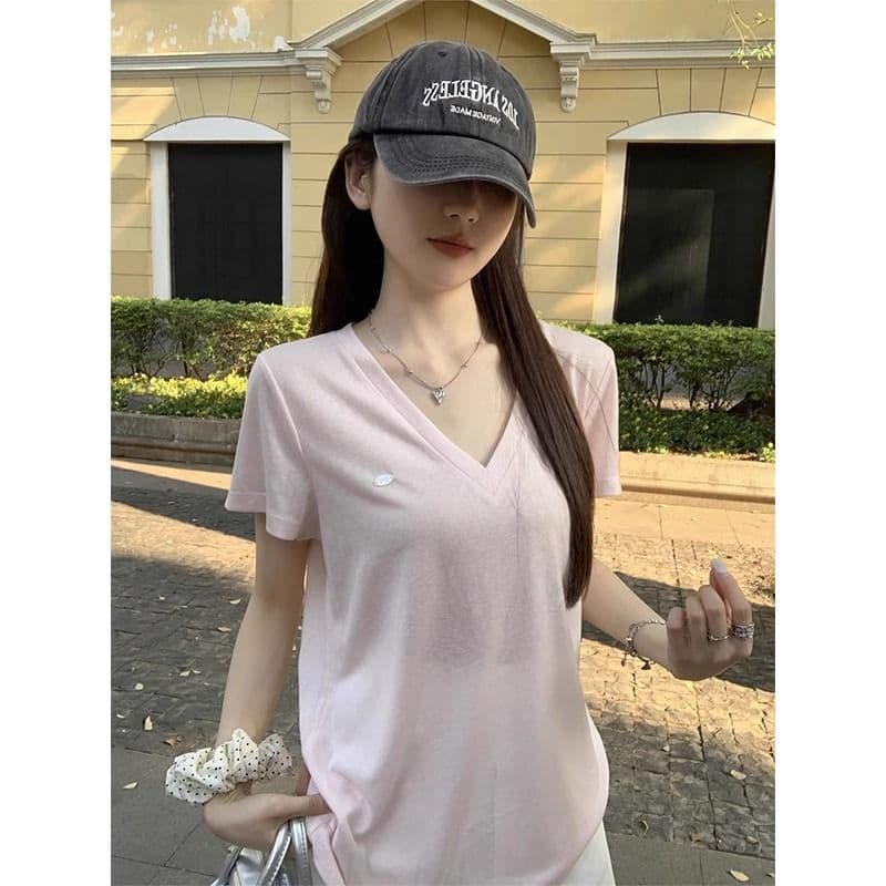 얇은 스타일 반팔 티셔츠 한 부서 느슨함 센스 V넥 여름 루즈핏 순수한 욕망 chic 핑크색 맨위 여성 의류 상세 이미지 2