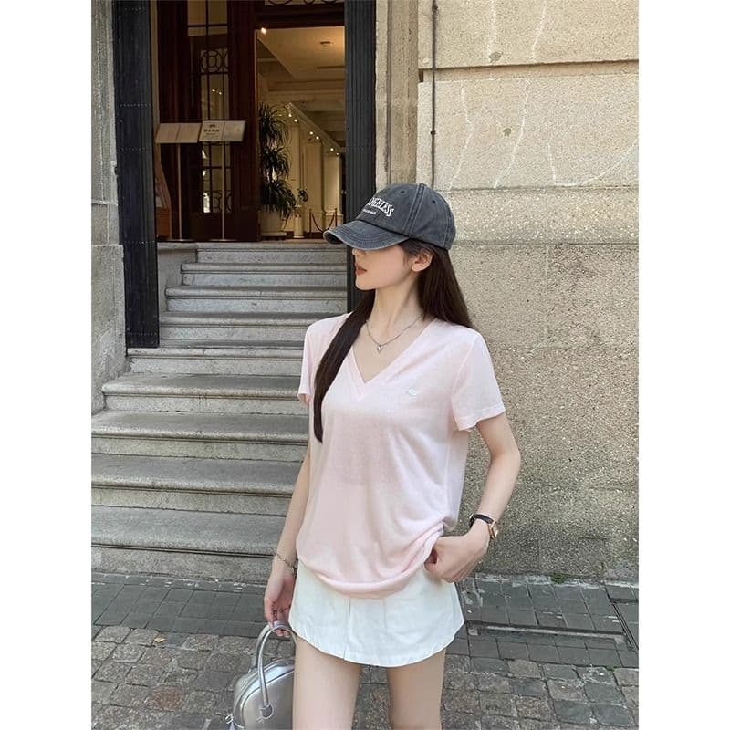 얇은 스타일 반팔 티셔츠 한 부서 느슨함 센스 V넥 여름 루즈핏 순수한 욕망 chic 핑크색 맨위 여성 의류 상세 이미지 4