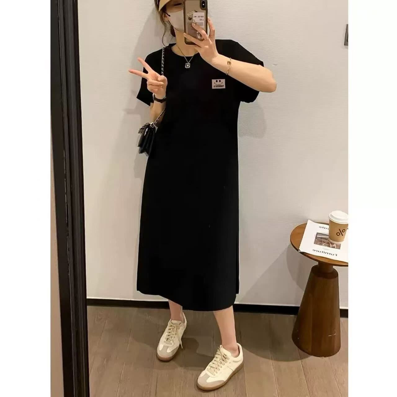 모방 면 우유 실크 새로운 재미있는 프린트 캐주얼 디자인 센스 중간 길이 무릎 아래 드레스 Feifei 소매 이미지 4