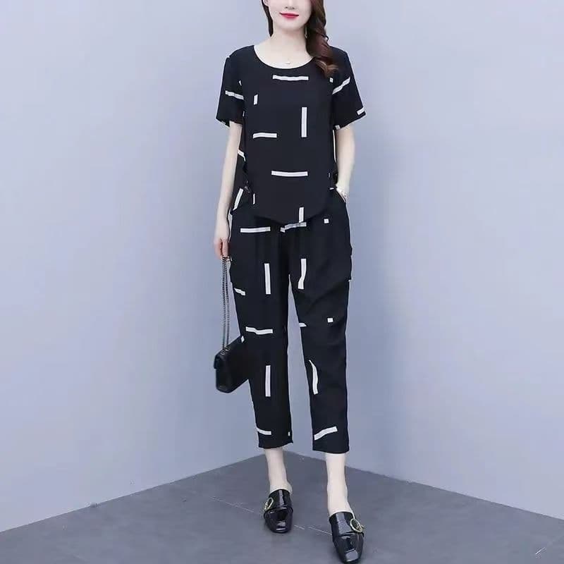 2026 년 세트 여성 레저 패션 중년 엄마 여름 드레스 외국 가스 여름 새로운 빅 사이즈 반팔 투피스 세트 이미지 3