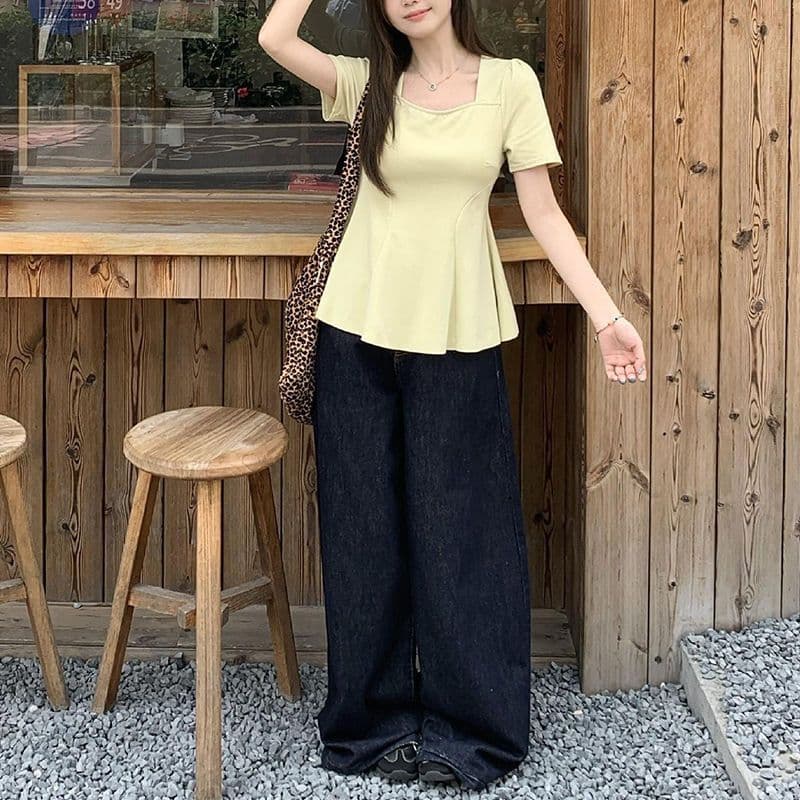 여름 드레스 새로운 빅 사이즈 허리 수축 플리츠 밑단 반팔 티셔츠 순수한 욕망 광장 칼라 긍정적 인 어깨 의류 이미지 5