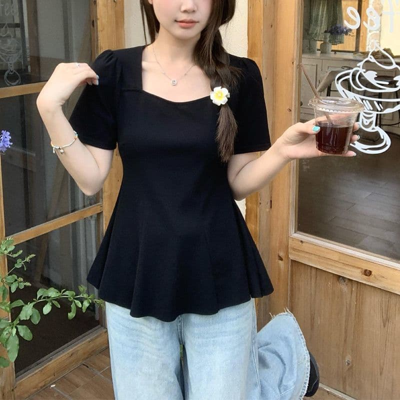 여름 드레스 새로운 빅 사이즈 허리 수축 플리츠 밑단 반팔 티셔츠 순수한 욕망 광장 칼라 긍정적 인 어깨 의류 상세 이미지 4