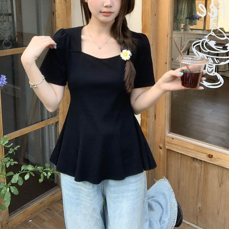 여름 드레스 새로운 빅 사이즈 허리 수축 플리츠 밑단 반팔 티셔츠 순수한 욕망 광장 칼라 긍정적 인 어깨 의류 상세 이미지 5