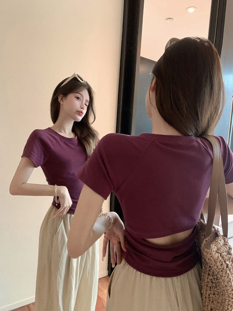 쇼트 스타일 티셔츠 여름 뒤로 홀로우 아웃 몸매 가꾸기 주름 반팔