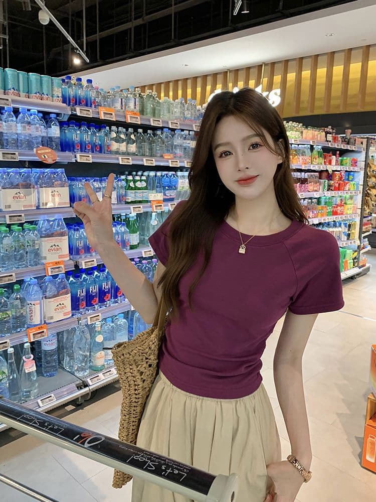 쇼트 스타일 티셔츠 여름 뒤로 홀로우 아웃 몸매 가꾸기 주름 반팔 상세 이미지 7