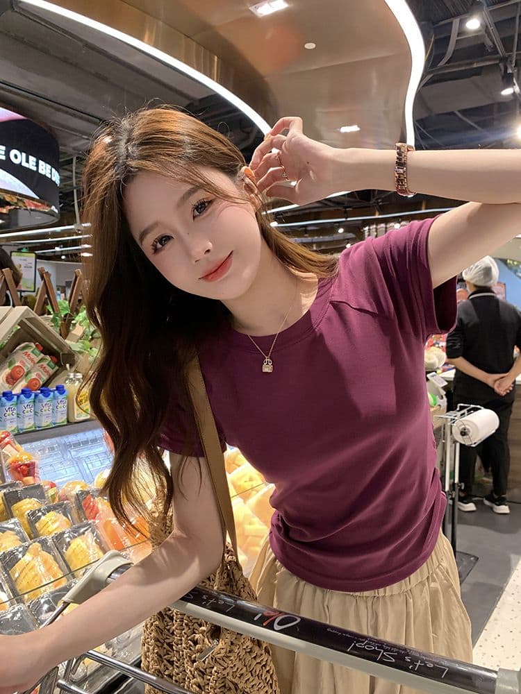 쇼트 스타일 티셔츠 여름 뒤로 홀로우 아웃 몸매 가꾸기 주름 반팔 상세 이미지 10