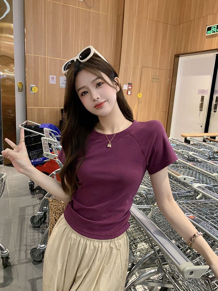 쇼트 스타일 티셔츠 여름 뒤로 홀로우 아웃 몸매 가꾸기 주름 반팔 상세 이미지 13