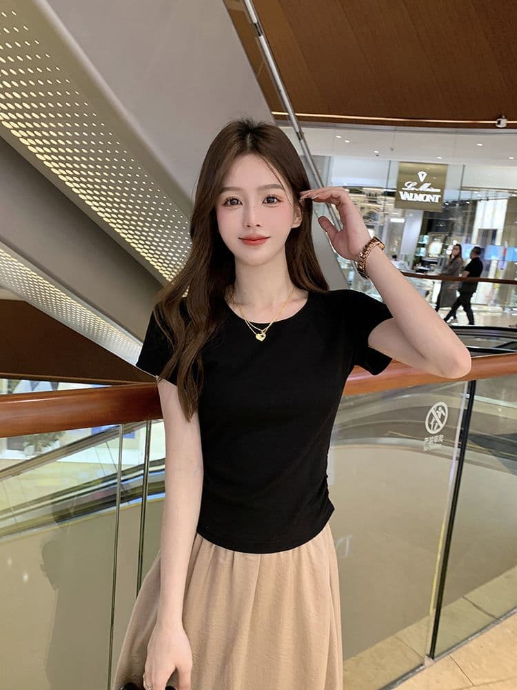 쇼트 스타일 티셔츠 여름 뒤로 홀로우 아웃 몸매 가꾸기 주름 반팔 상세 이미지 21