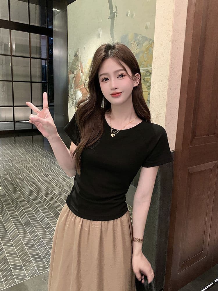 쇼트 스타일 티셔츠 여름 뒤로 홀로우 아웃 몸매 가꾸기 주름 반팔 상세 이미지 23