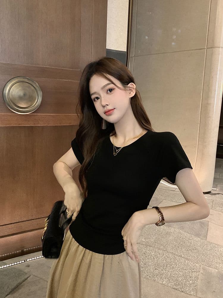 쇼트 스타일 티셔츠 여름 뒤로 홀로우 아웃 몸매 가꾸기 주름 반팔 상세 이미지 25