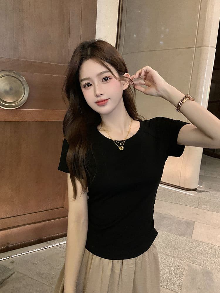 쇼트 스타일 티셔츠 여름 뒤로 홀로우 아웃 몸매 가꾸기 주름 반팔 상세 이미지 26