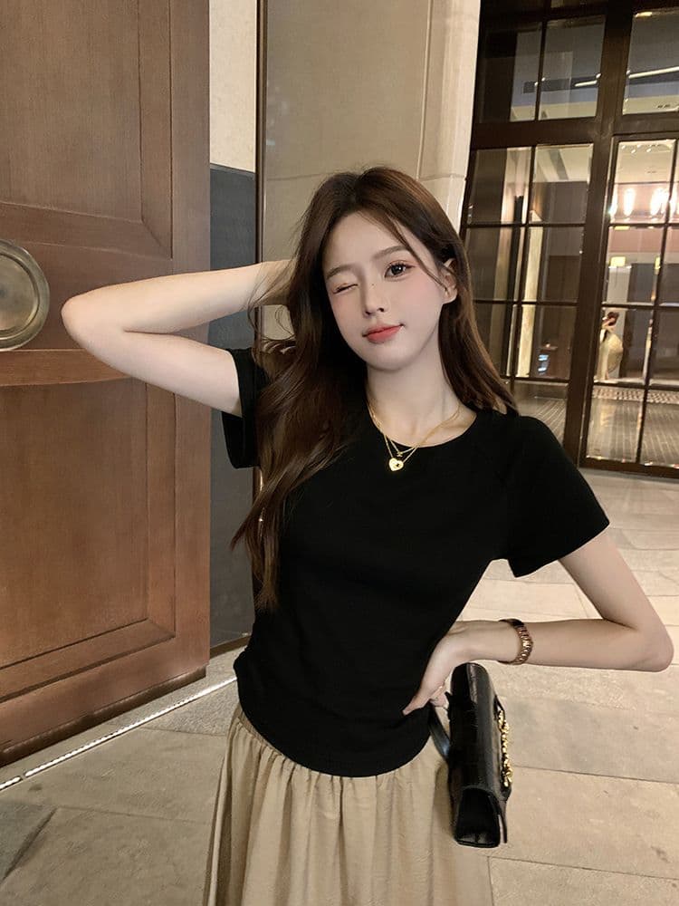 쇼트 스타일 티셔츠 여름 뒤로 홀로우 아웃 몸매 가꾸기 주름 반팔 상세 이미지 27