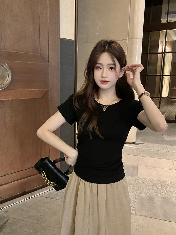 쇼트 스타일 티셔츠 여름 뒤로 홀로우 아웃 몸매 가꾸기 주름 반팔 상세 이미지 28