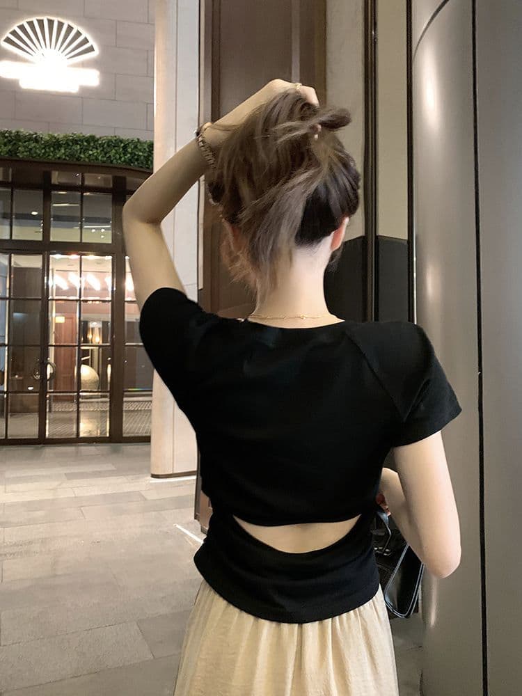 쇼트 스타일 티셔츠 여름 뒤로 홀로우 아웃 몸매 가꾸기 주름 반팔 상세 이미지 29