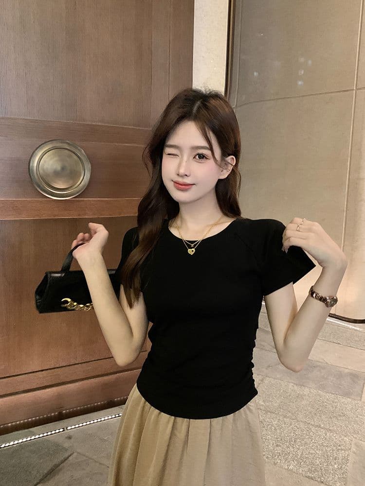 쇼트 스타일 티셔츠 여름 뒤로 홀로우 아웃 몸매 가꾸기 주름 반팔 상세 이미지 30